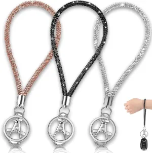 3 Pcs Bling Rhinestone Keychain Wristlet - Glamorous Classic Silver Keychain Wristlet with Lobster Clasp