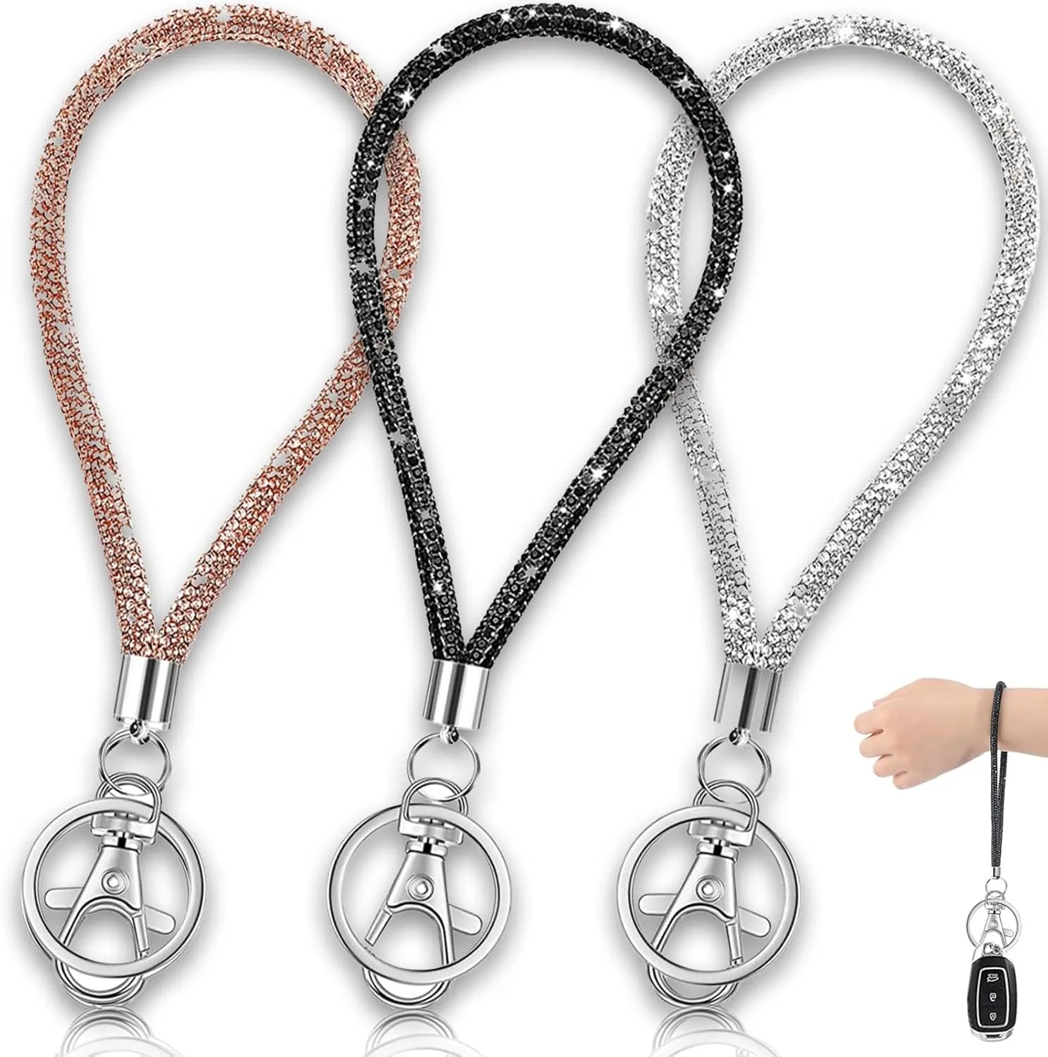 3 Pcs Bling Rhinestone Keychain Wristlet - Glamorous Classic Silver Keychain Wristlet with Lobster Clasp