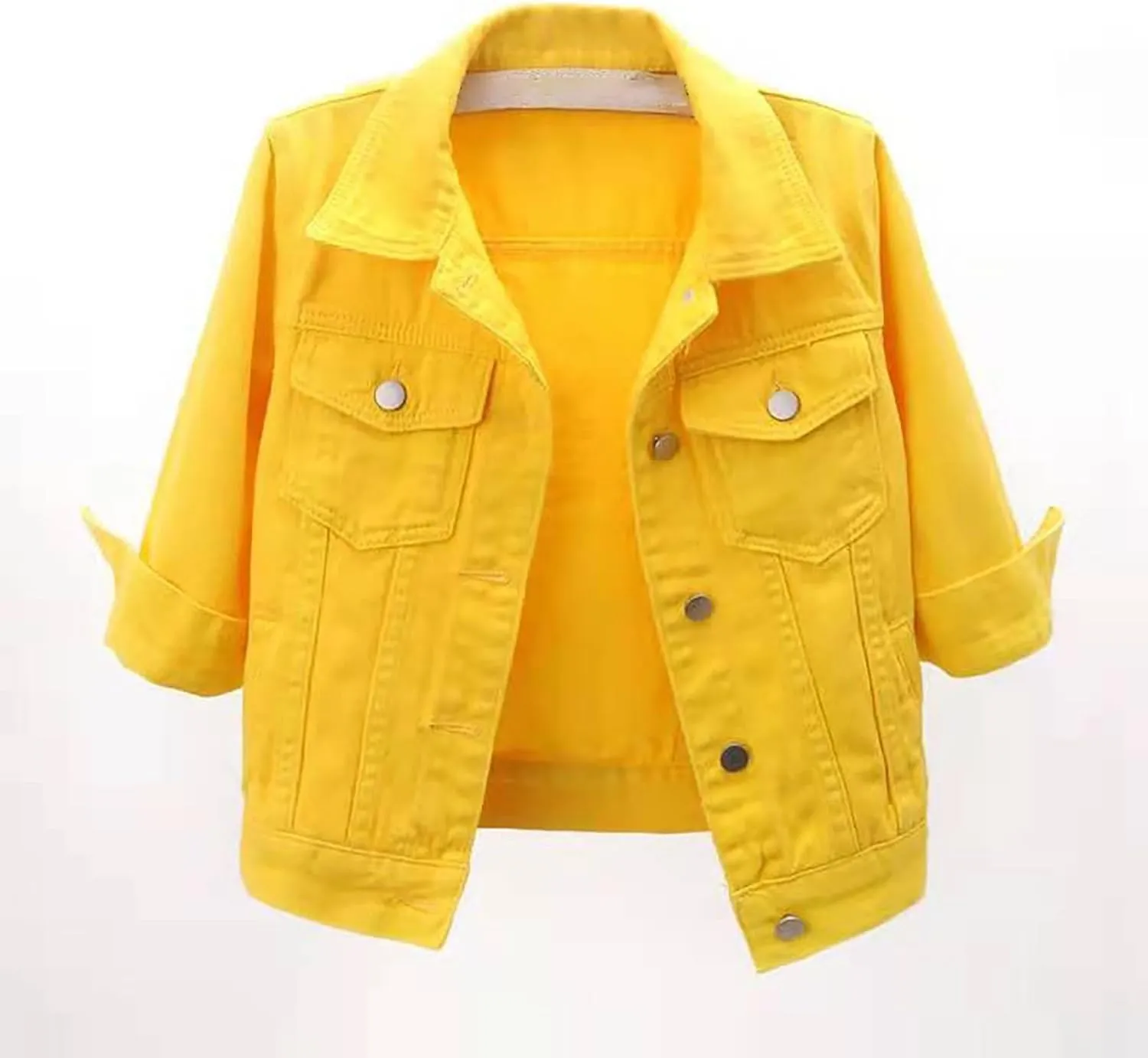 3/4 Sleeve Short Denim Jacket plus size jean jacket Basic Lapel Button Down Cropped Coat