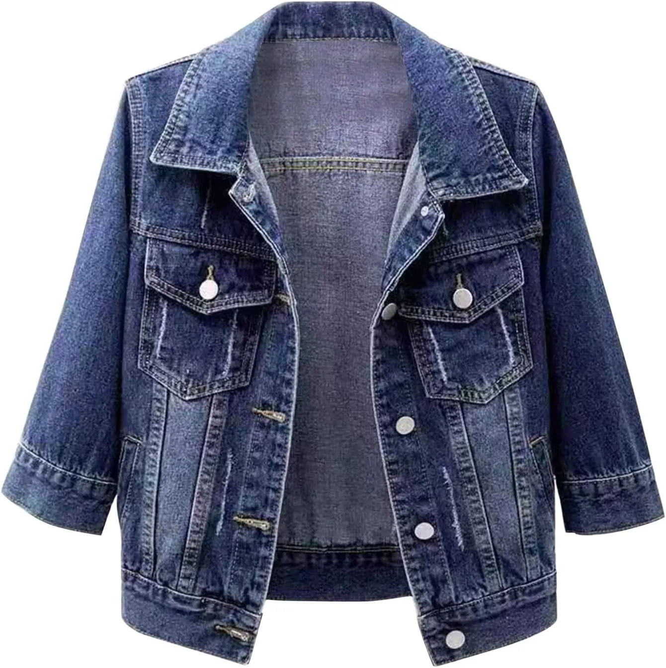 3/4 Sleeve Short Denim Jacket plus size jean jacket Basic Lapel Button Down Cropped Coat