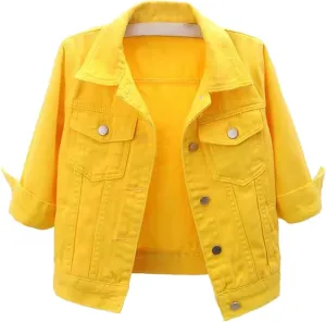3/4 Sleeve Short Denim Jacket plus size jean jacket Basic Lapel Button Down Cropped Coat