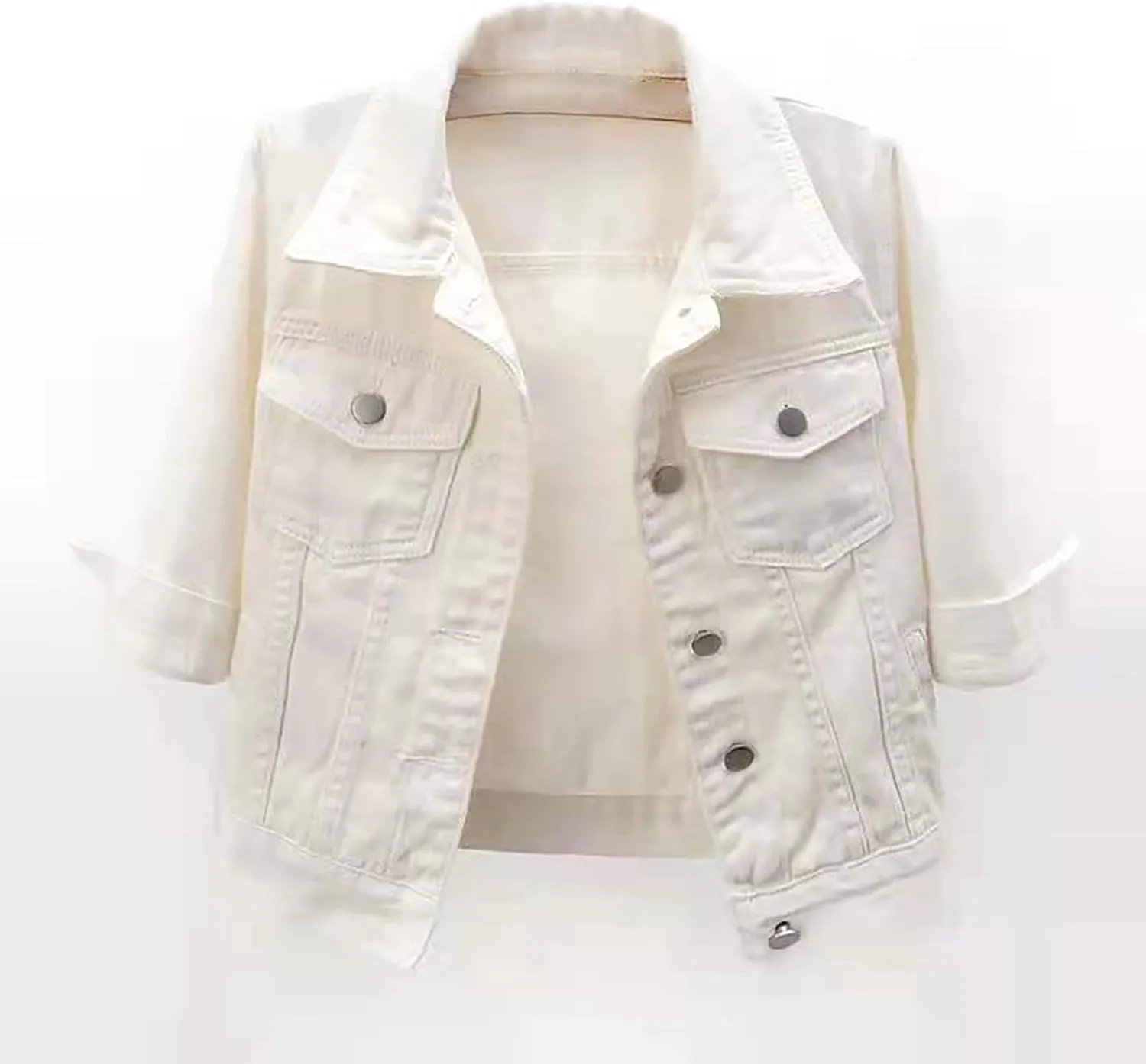 3/4 Sleeve Short Denim Jacket plus size jean jacket Basic Lapel Button Down Cropped Coat