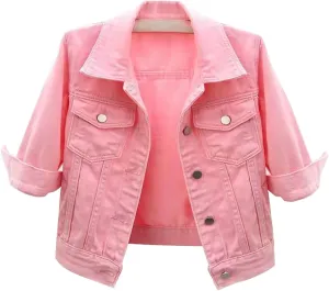 3/4 Sleeve Short Denim Jacket plus size jean jacket Basic Lapel Button Down Cropped Coat