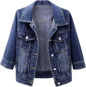 3/4 Sleeve Short Denim Jacket plus size jean jacket Basic Lapel Button Down Cropped Coat