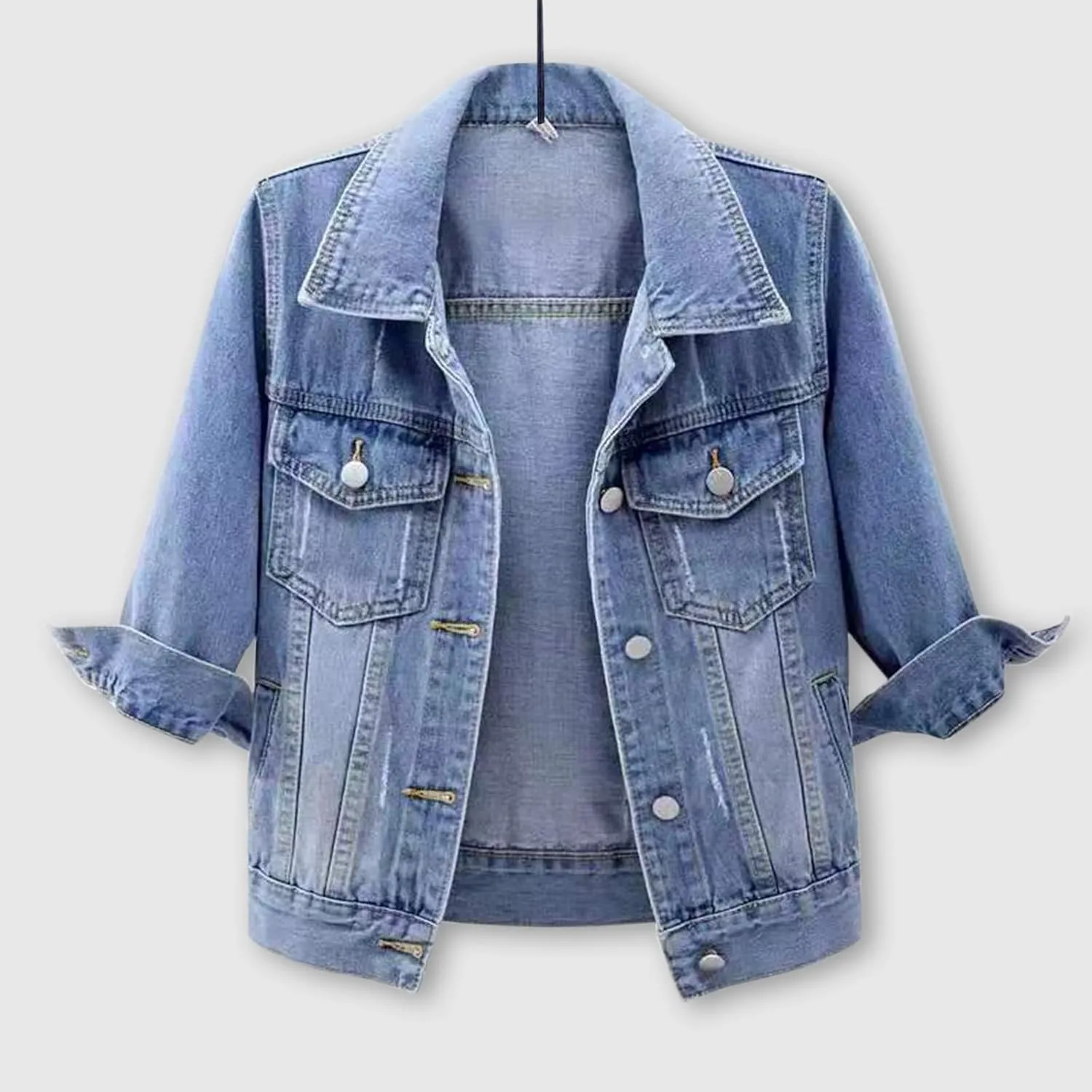 3/4 Sleeve Short Denim Jacket plus size jean jacket Basic Lapel Button Down Cropped Coat