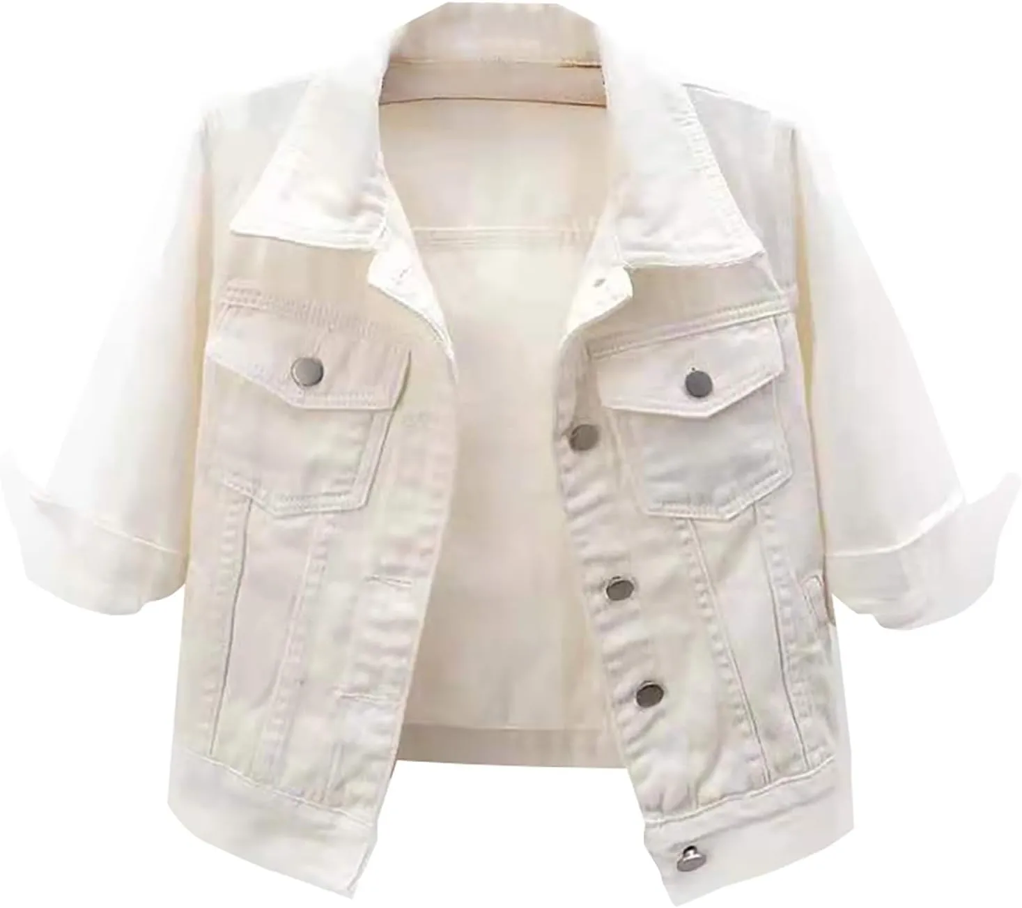 3/4 Sleeve Short Denim Jacket plus size jean jacket Basic Lapel Button Down Cropped Coat