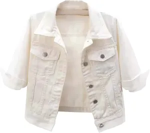 3/4 Sleeve Short Denim Jacket plus size jean jacket Basic Lapel Button Down Cropped Coat