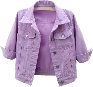 3/4 Sleeve Short Denim Jacket plus size jean jacket Basic Lapel Button Down Cropped Coat