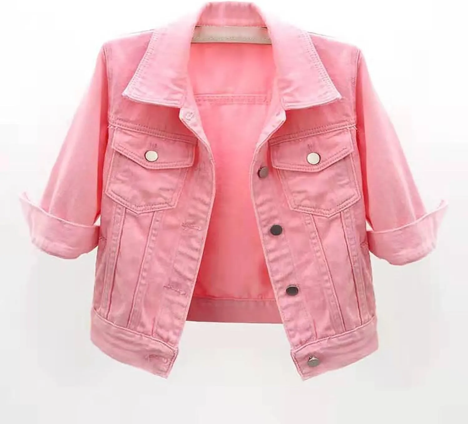 3/4 Sleeve Short Denim Jacket plus size jean jacket Basic Lapel Button Down Cropped Coat