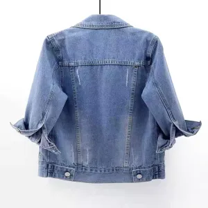 3/4 Sleeve Short Denim Jacket plus size jean jacket Basic Lapel Button Down Cropped Coat