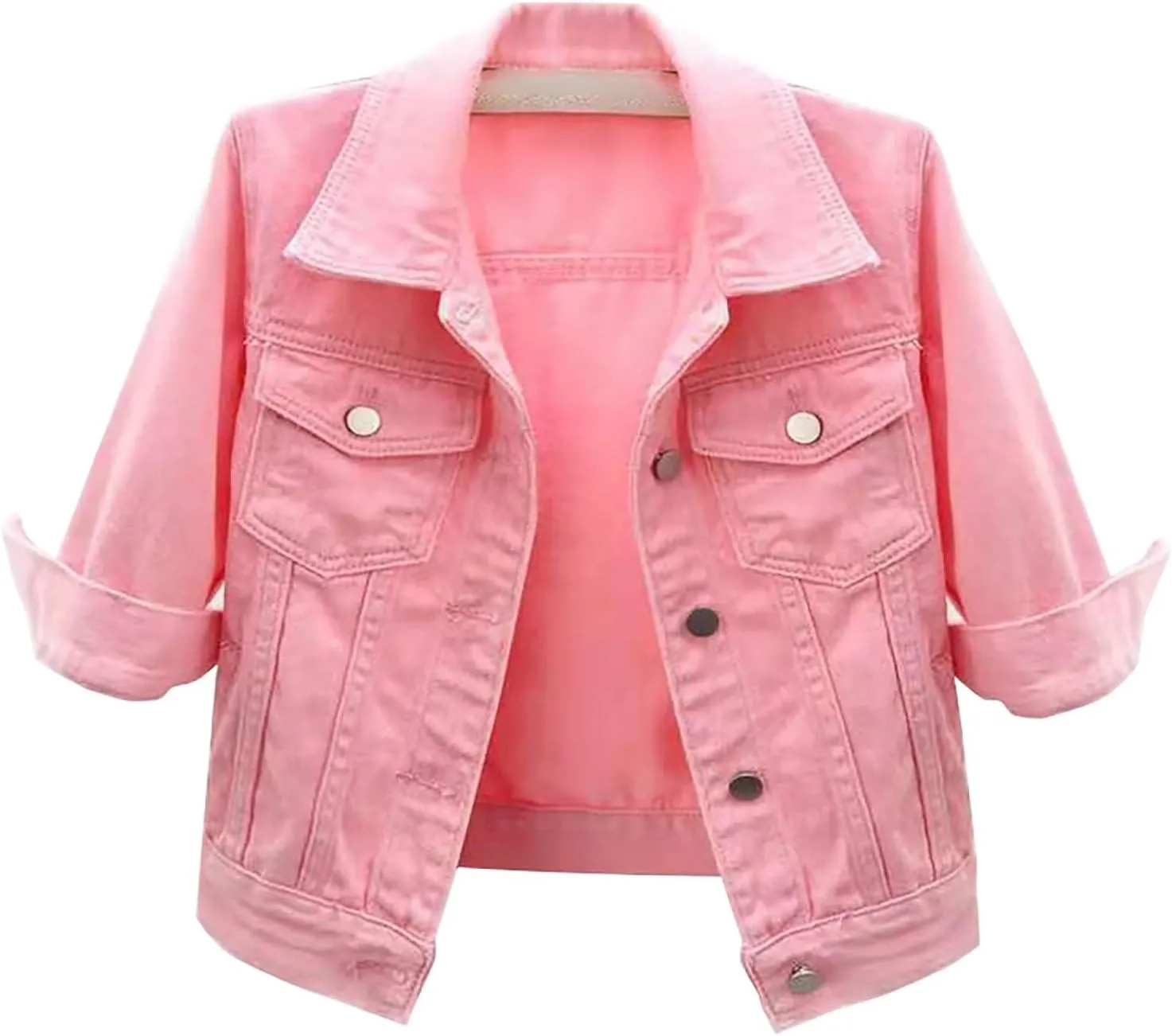 3/4 Sleeve Short Denim Jacket plus size jean jacket Basic Lapel Button Down Cropped Coat