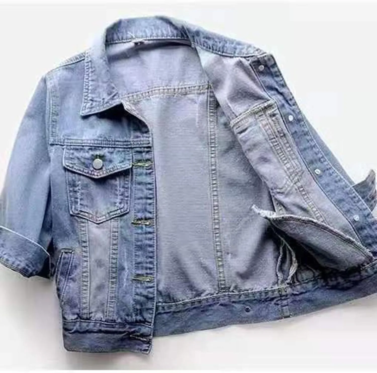 3/4 Sleeve Short Denim Jacket plus size jean jacket Basic Lapel Button Down Cropped Coat