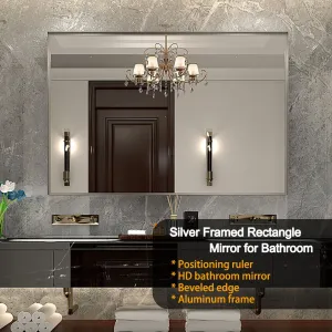48X30" Wall Mounted Bevel Wall Mirror For Bathroom Silver Metal Frame Decorative Rectangular Home Decor Corner Hangs Farmhouse Mirror (Horizontal & Vertical) - Silver by Couch.com