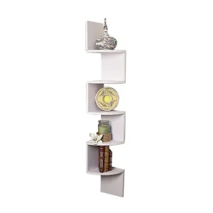 5 Tier Corner Wall Shelf | Display Shelves | DVD Book Storage Rack | Floating Mounted | White