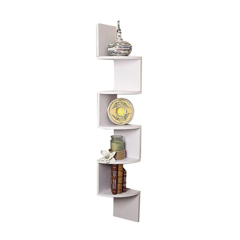 5 Tier Corner Wall Shelf | Display Shelves | DVD Book Storage Rack | Floating Mounted | White