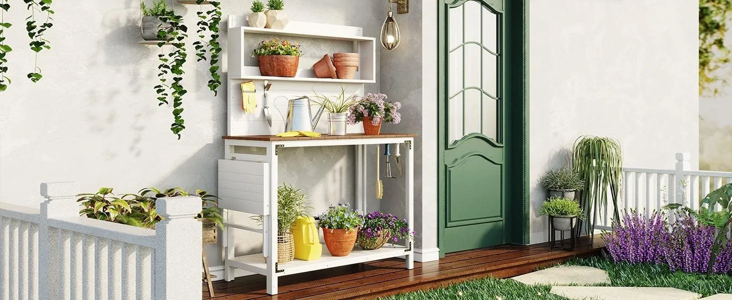 65inch Garden Wood Workstation Backyard Potting Bench Table with Shelves, Side Hook and Foldable Side Table,White