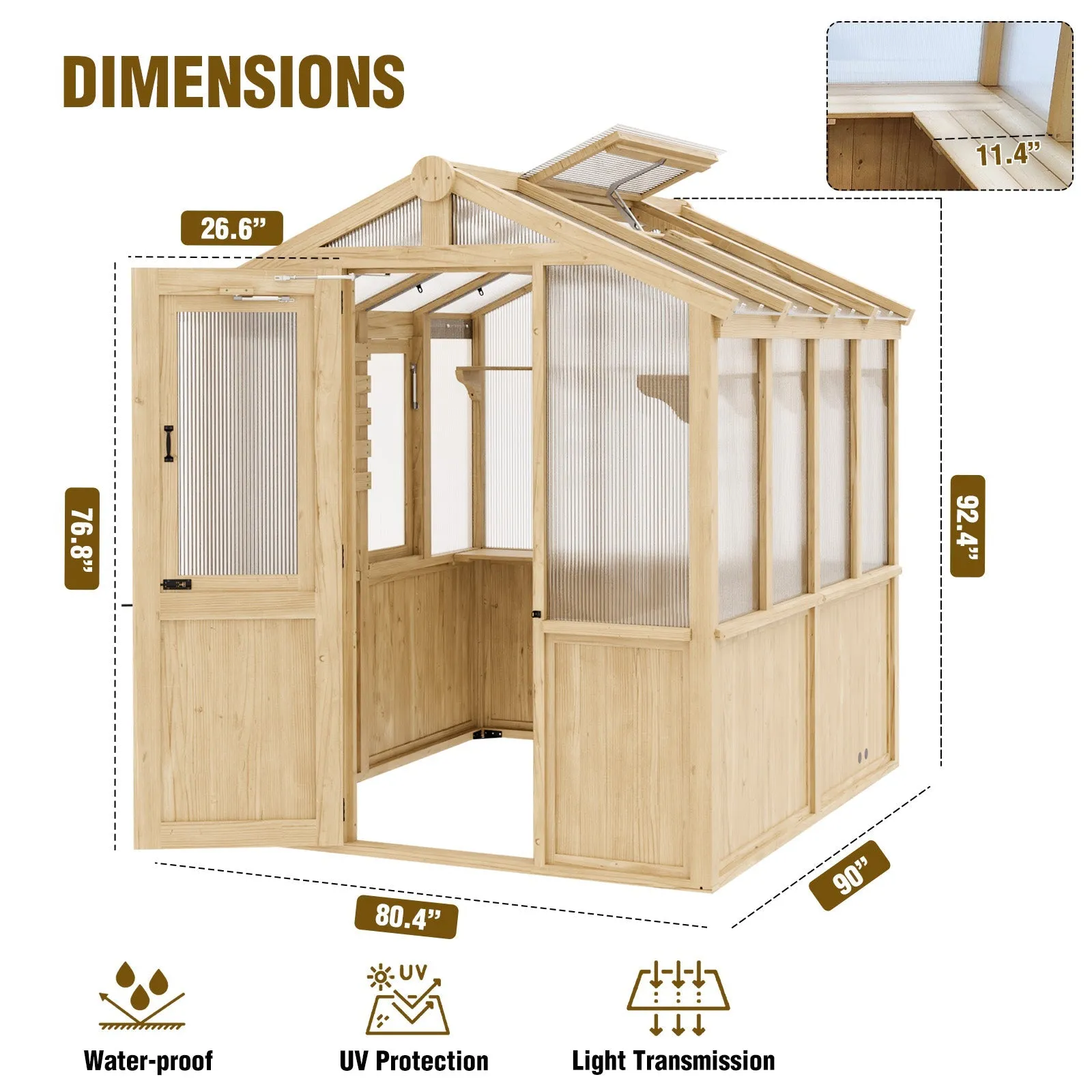 6.7x6x7.7 ft / 6.7x7.8x7.7 ft/ 6.7x9.7x7.7 ft Wood Greenhouse