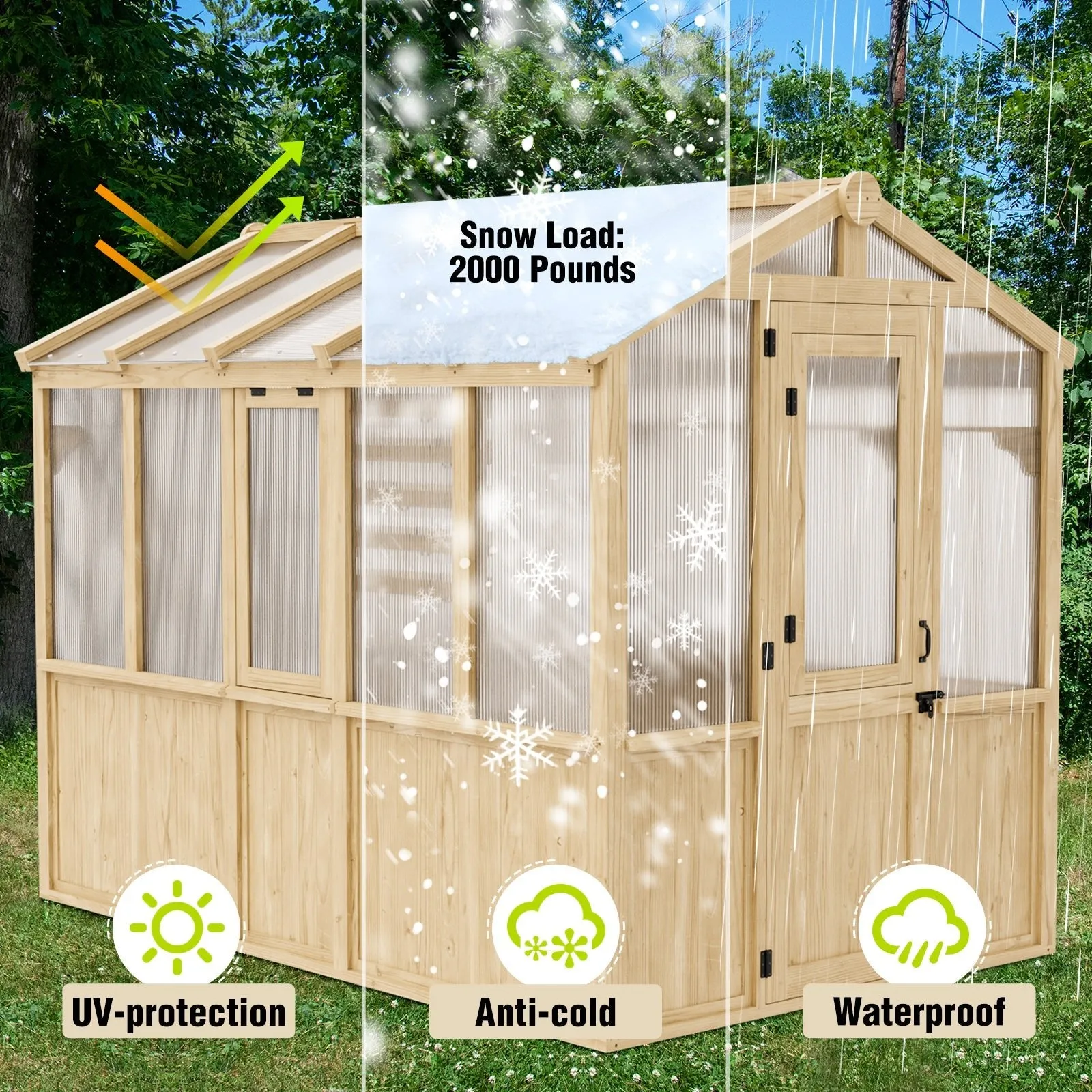 6.7x6x7.7 ft / 6.7x7.8x7.7 ft/ 6.7x9.7x7.7 ft Wood Greenhouse