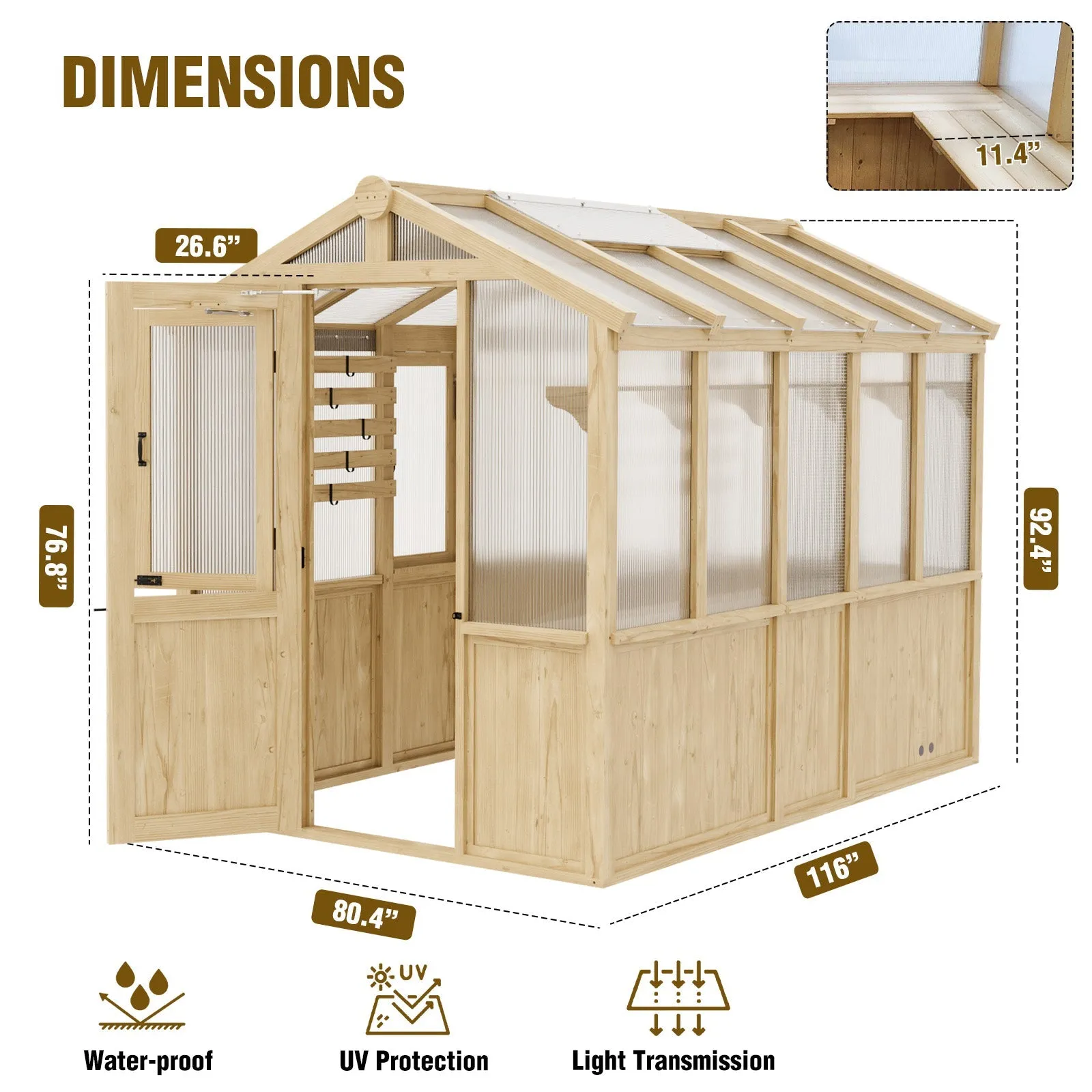 6.7x6x7.7 ft / 6.7x7.8x7.7 ft/ 6.7x9.7x7.7 ft Wood Greenhouse