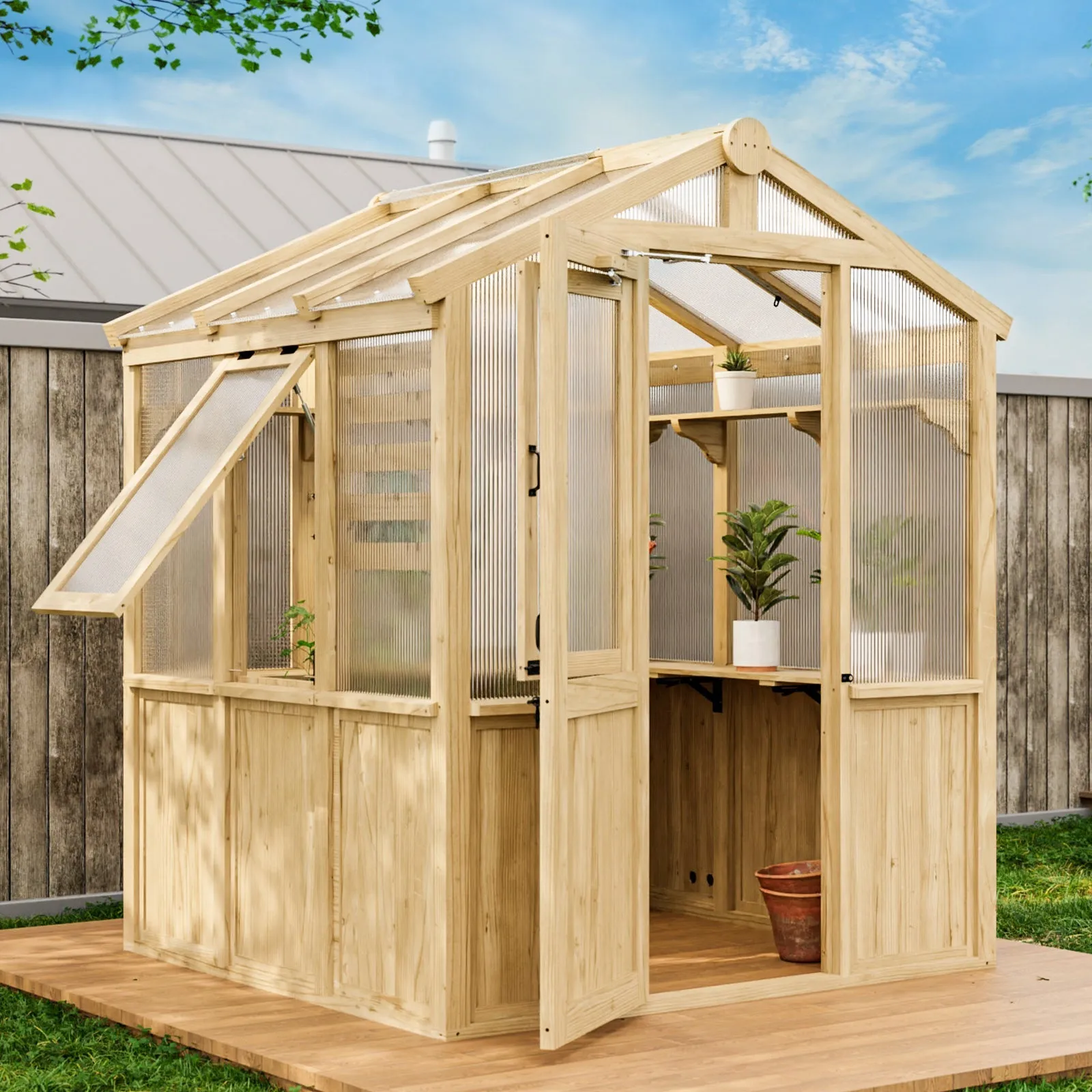 6.7x6x7.7 ft / 6.7x7.8x7.7 ft/ 6.7x9.7x7.7 ft Wood Greenhouse