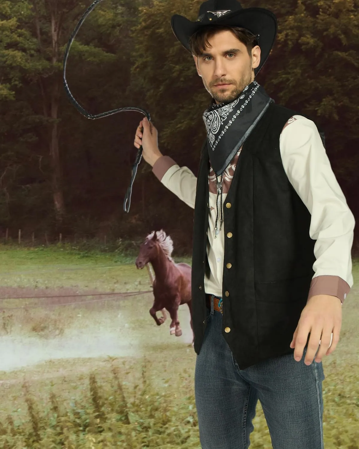 7pcs Cowboy Costume Outfit for Men Western Cowboy Clothes Vest Accessories for Cowboy Party