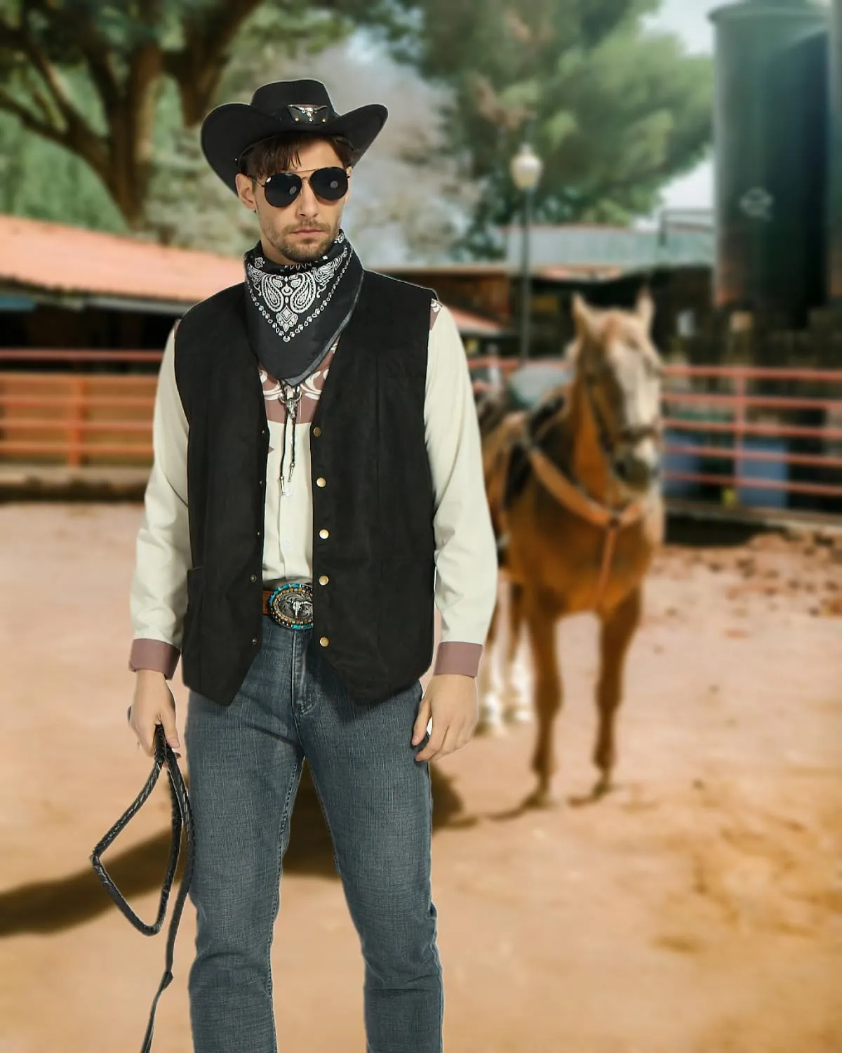7pcs Cowboy Costume Outfit for Men Western Cowboy Clothes Vest Accessories for Cowboy Party
