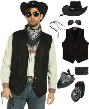 7pcs Cowboy Costume Outfit for Men Western Cowboy Clothes Vest Accessories for Cowboy Party