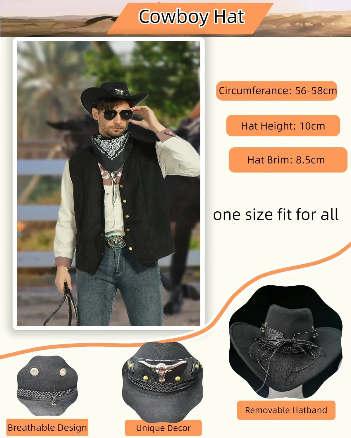 7pcs Cowboy Costume Outfit for Men Western Cowboy Clothes Vest Accessories for Cowboy Party