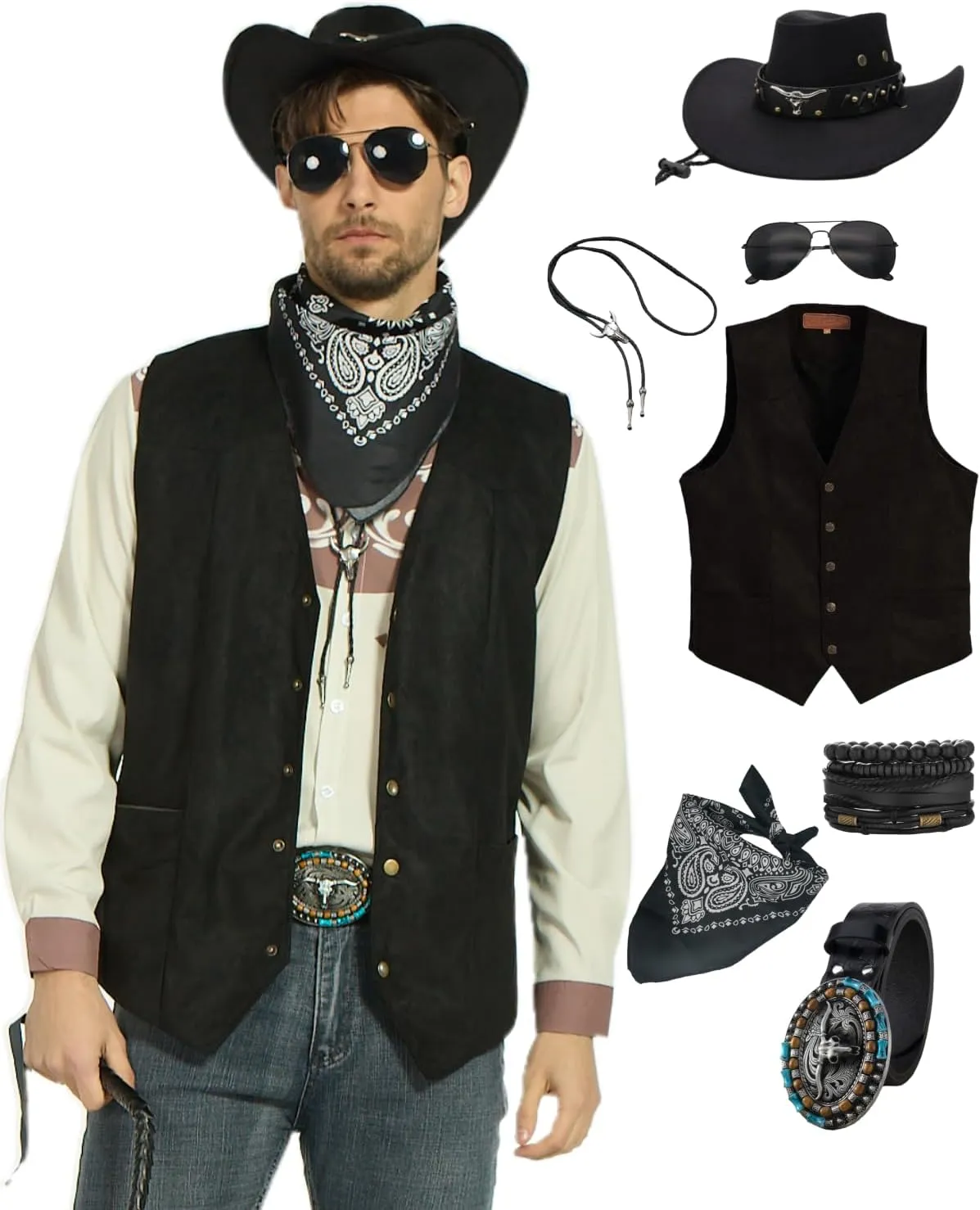 7pcs Cowboy Costume Outfit for Men Western Cowboy Clothes Vest Accessories for Cowboy Party