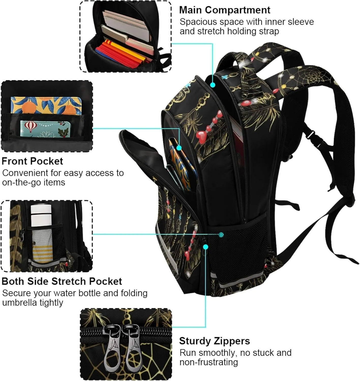 ALAZA Ornate Dreamcatcher Boho Bohemian Feather Backpack Purse for Women Men Personalized Laptop Notebook Tablet School Bag Stylish Casual Daypack, 13 14 15.6 inc