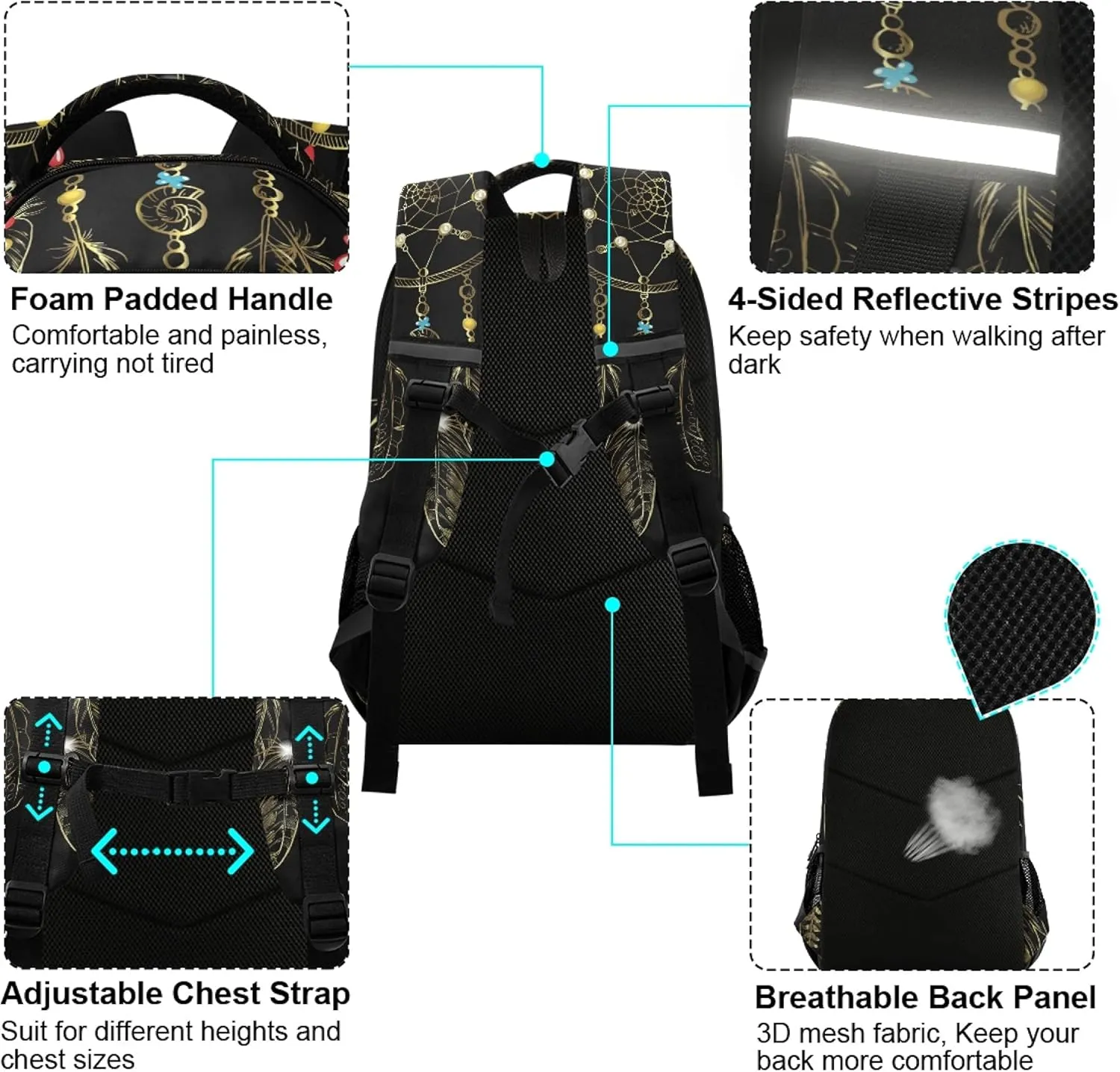 ALAZA Ornate Dreamcatcher Boho Bohemian Feather Backpack Purse for Women Men Personalized Laptop Notebook Tablet School Bag Stylish Casual Daypack, 13 14 15.6 inc