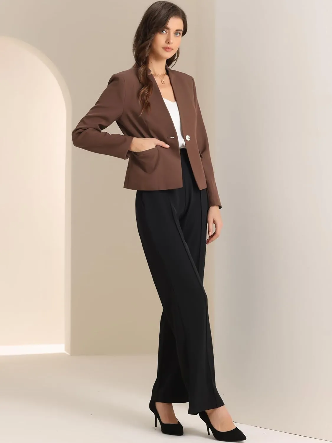 Allegra K Business Casual Blazer for Women's Notched Stand Collar Long Sleeve Button Work Blazer Suit Jacket
