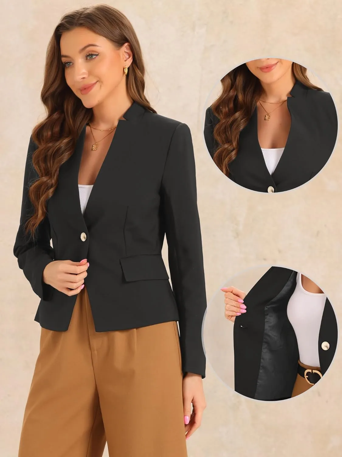 Allegra K Business Casual Blazer for Women's Notched Stand Collar Long Sleeve Button Work Blazer Suit Jacket