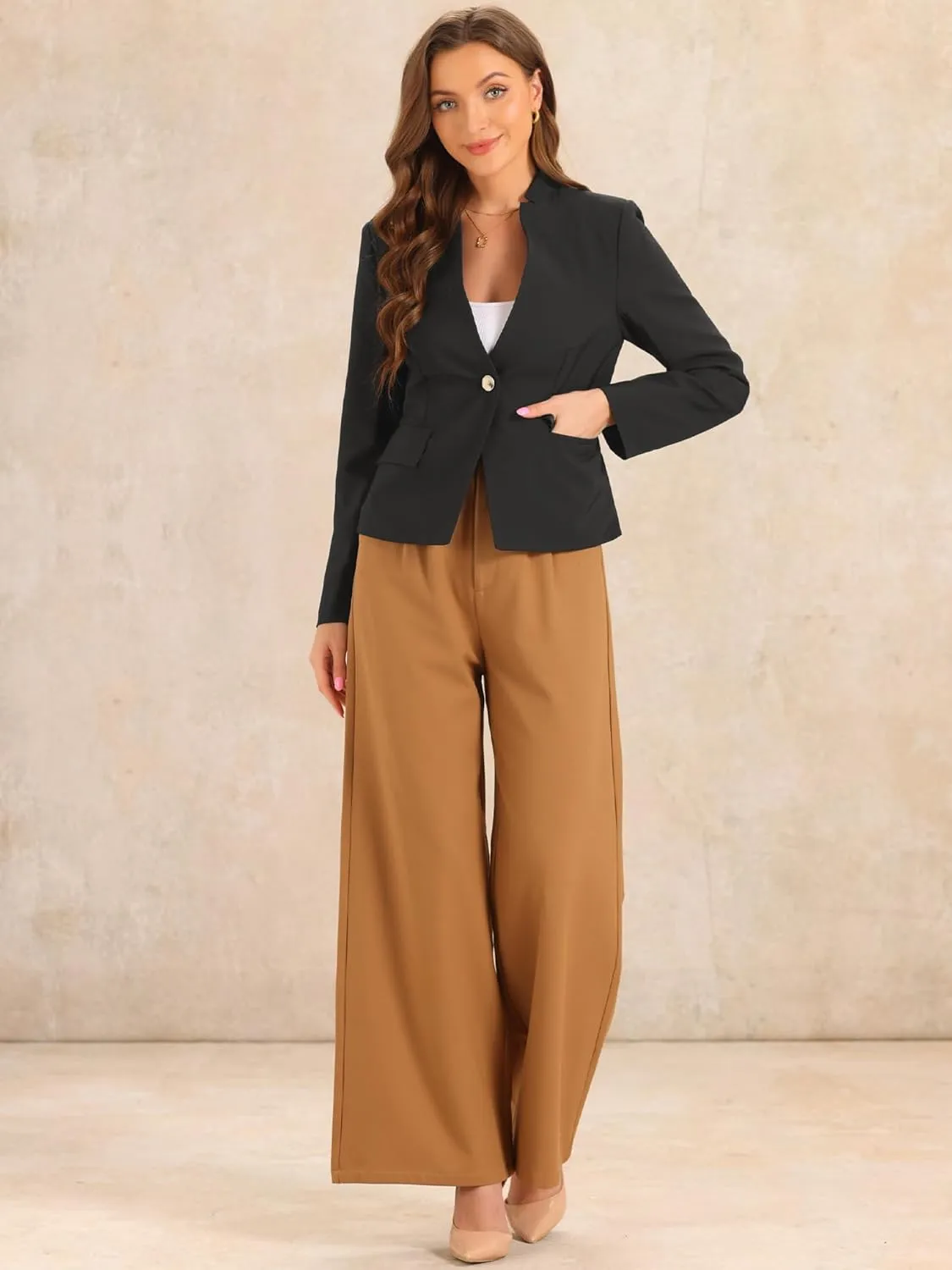 Allegra K Business Casual Blazer for Women's Notched Stand Collar Long Sleeve Button Work Blazer Suit Jacket