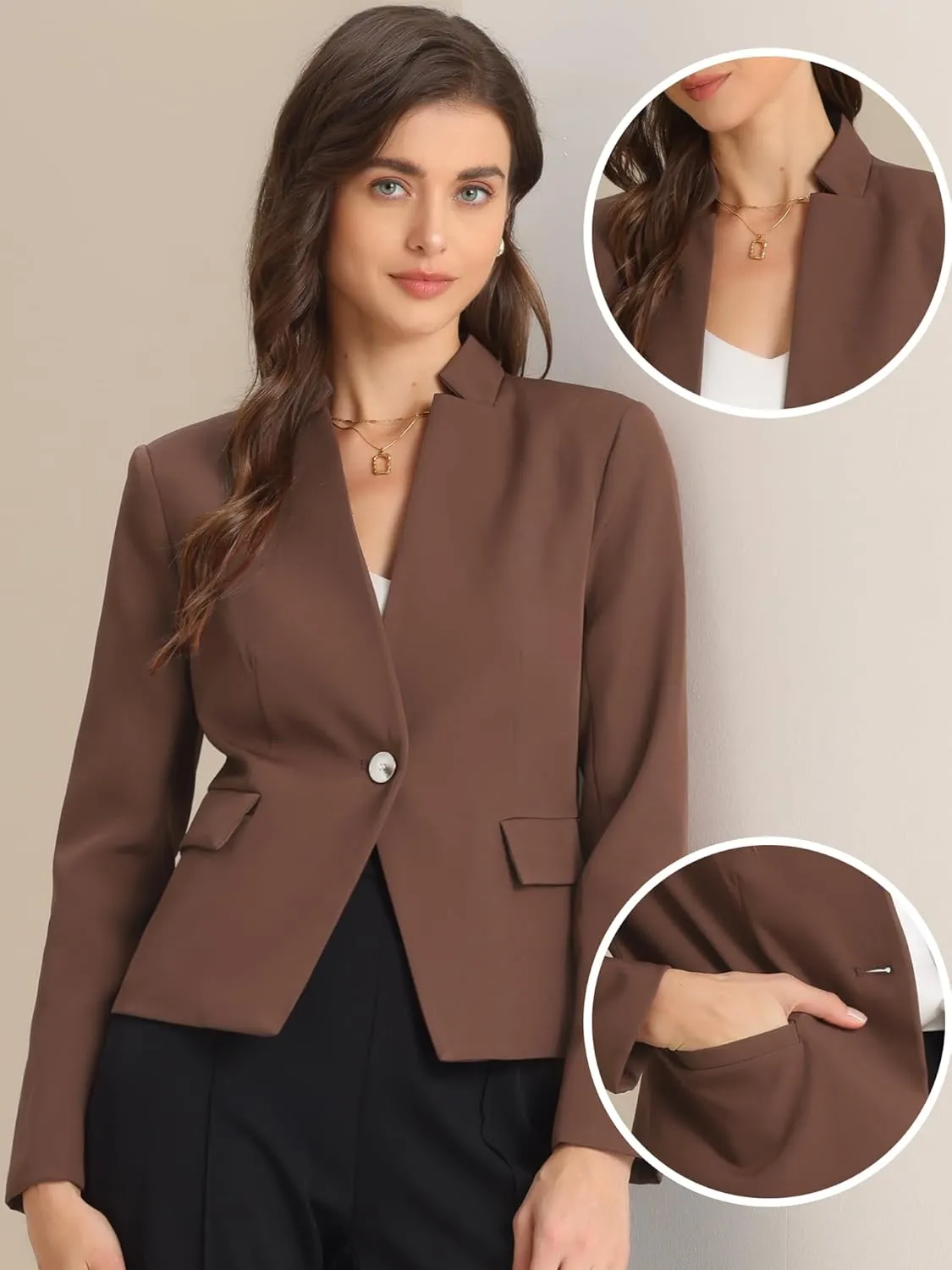 Allegra K Business Casual Blazer for Women's Notched Stand Collar Long Sleeve Button Work Blazer Suit Jacket