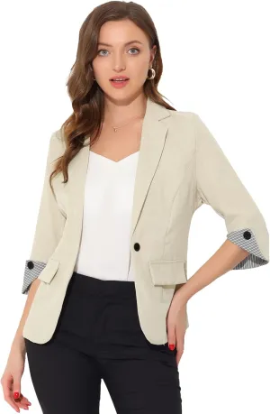 Allegra K Women's Suit Jacket Notched Lapel Collar 3/4 Sleeve Button Front Work Formal Blazer