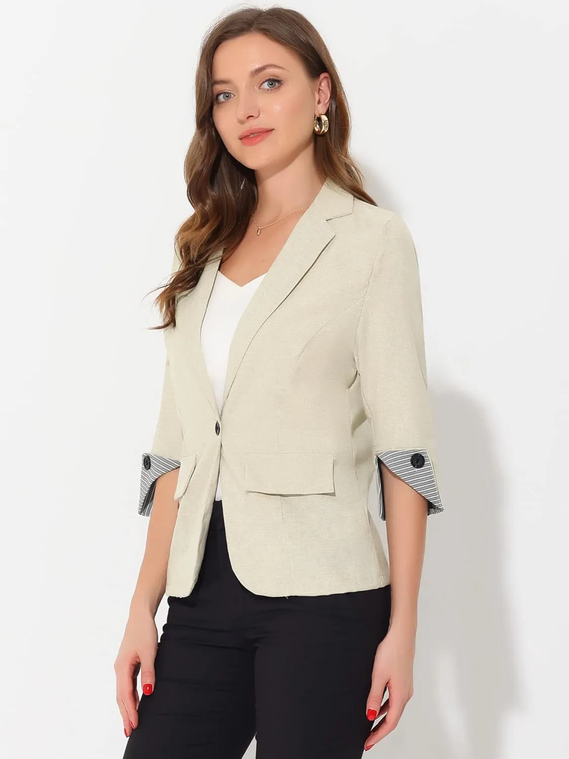 Allegra K Women's Suit Jacket Notched Lapel Collar 3/4 Sleeve Button Front Work Formal Blazer