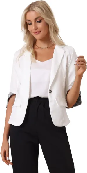 Allegra K Women's Suit Jacket Notched Lapel Collar 3/4 Sleeve Button Front Work Formal Blazer