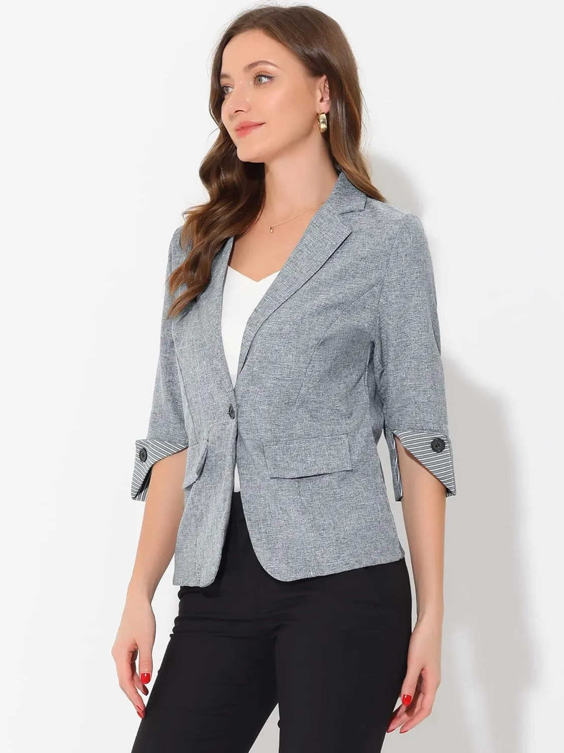 Allegra K Women's Suit Jacket Notched Lapel Collar 3/4 Sleeve Button Front Work Formal Blazer