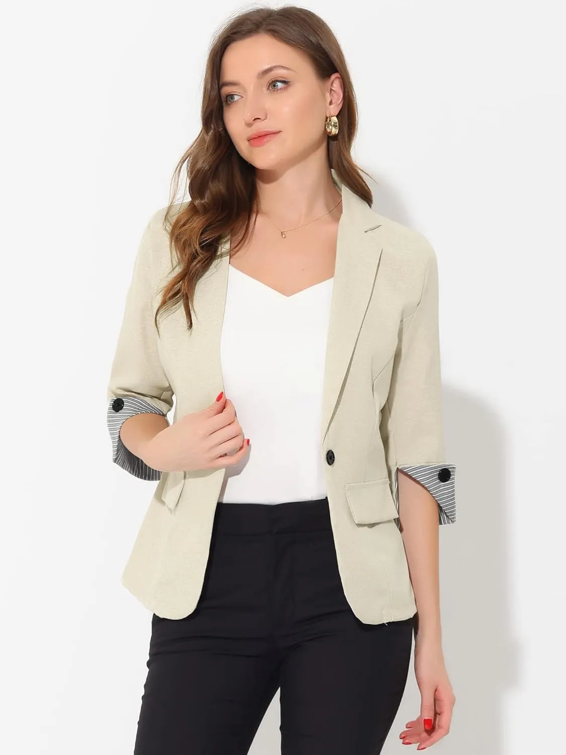 Allegra K Women's Suit Jacket Notched Lapel Collar 3/4 Sleeve Button Front Work Formal Blazer