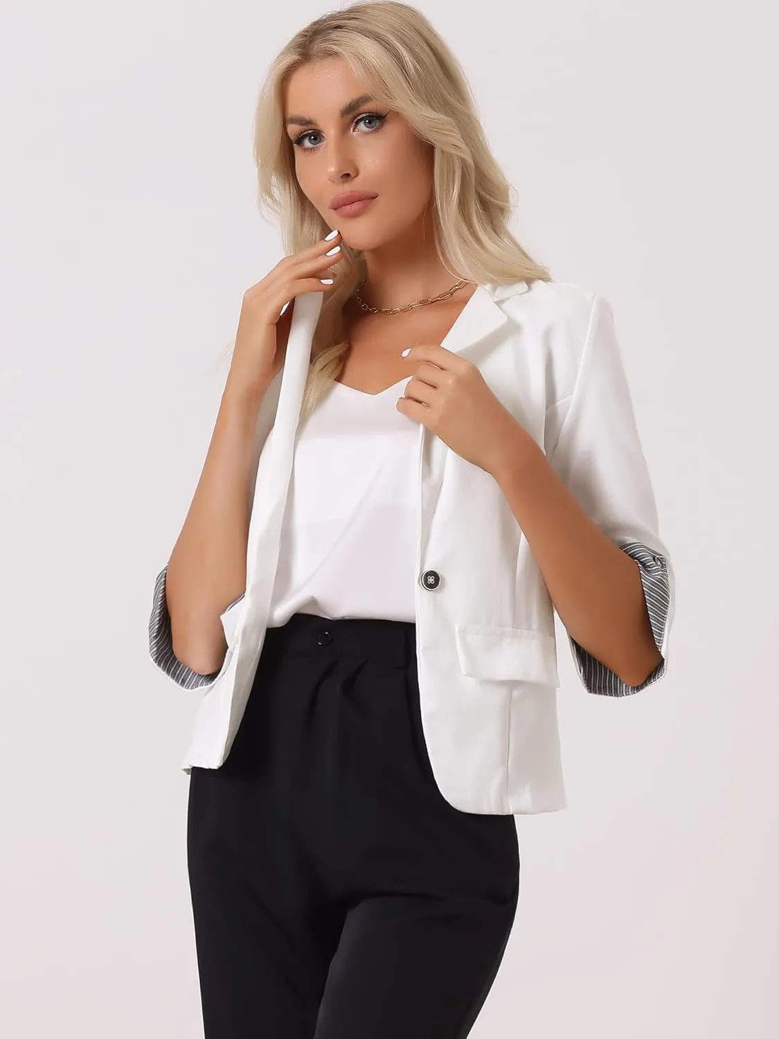 Allegra K Women's Suit Jacket Notched Lapel Collar 3/4 Sleeve Button Front Work Formal Blazer
