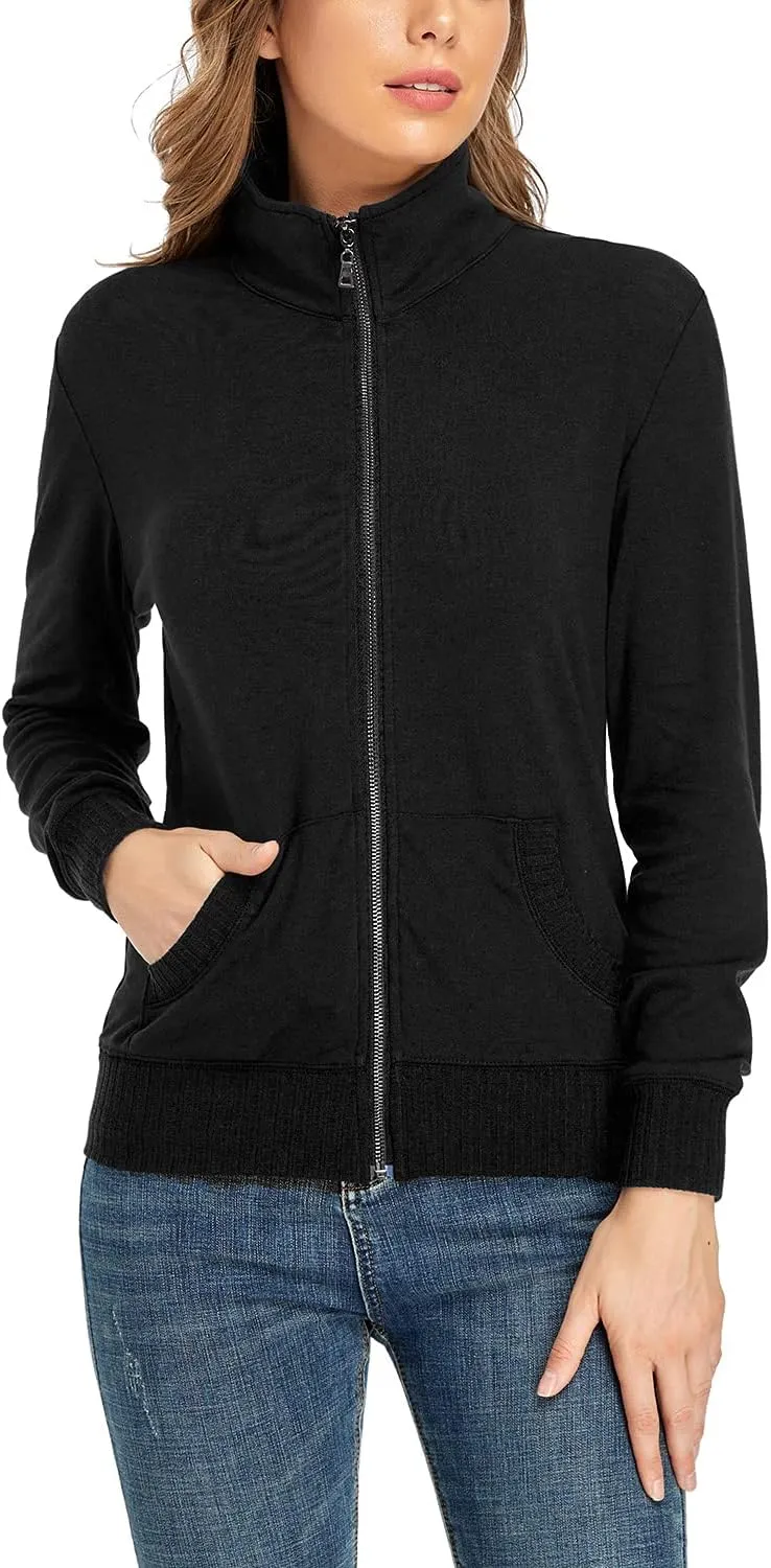 andy & natalie Women's Stand Collar Zip up Long Sleeve Jacket with Pockets Running Sweatshirts Jackets