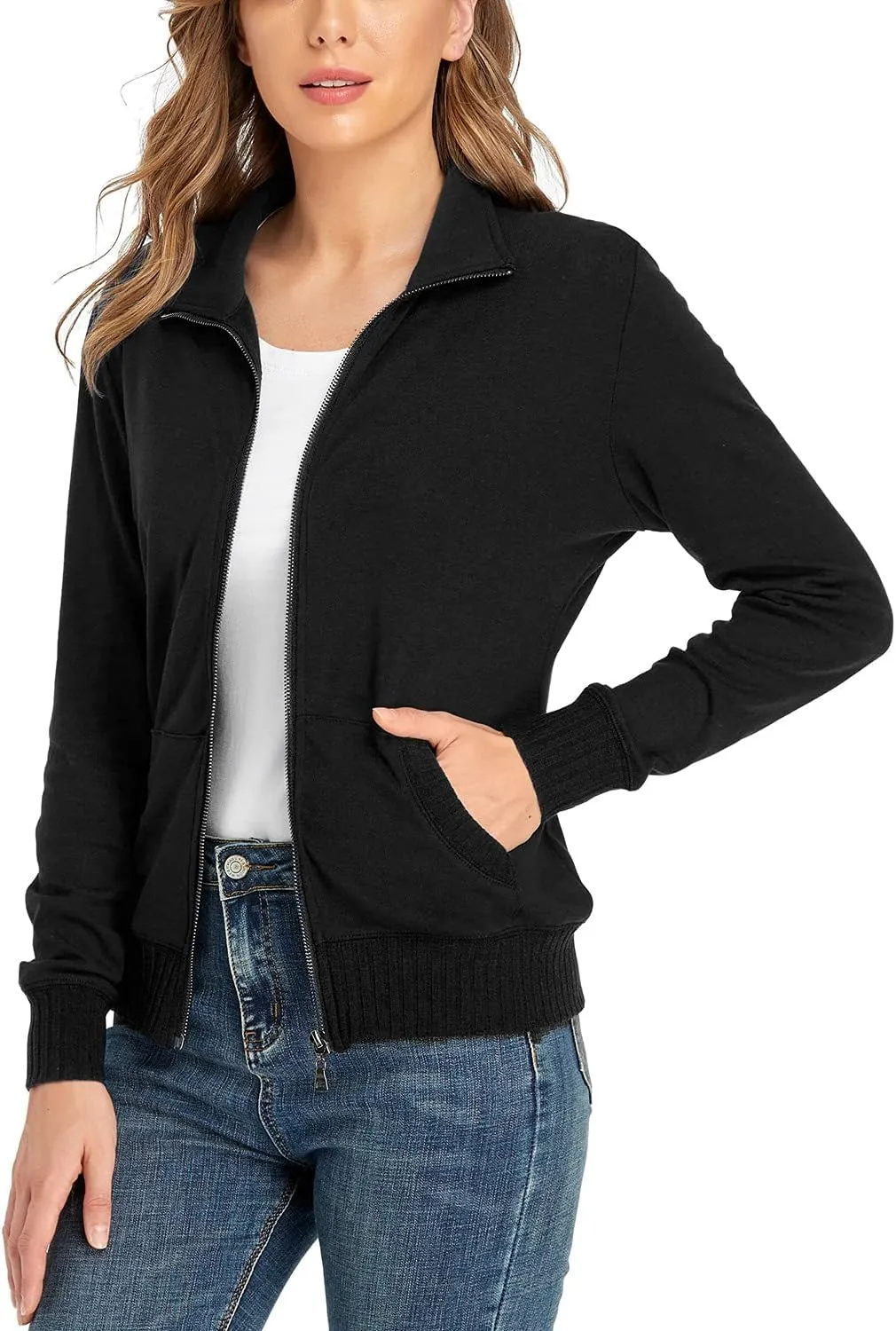 andy & natalie Women's Stand Collar Zip up Long Sleeve Jacket with Pockets Running Sweatshirts Jackets