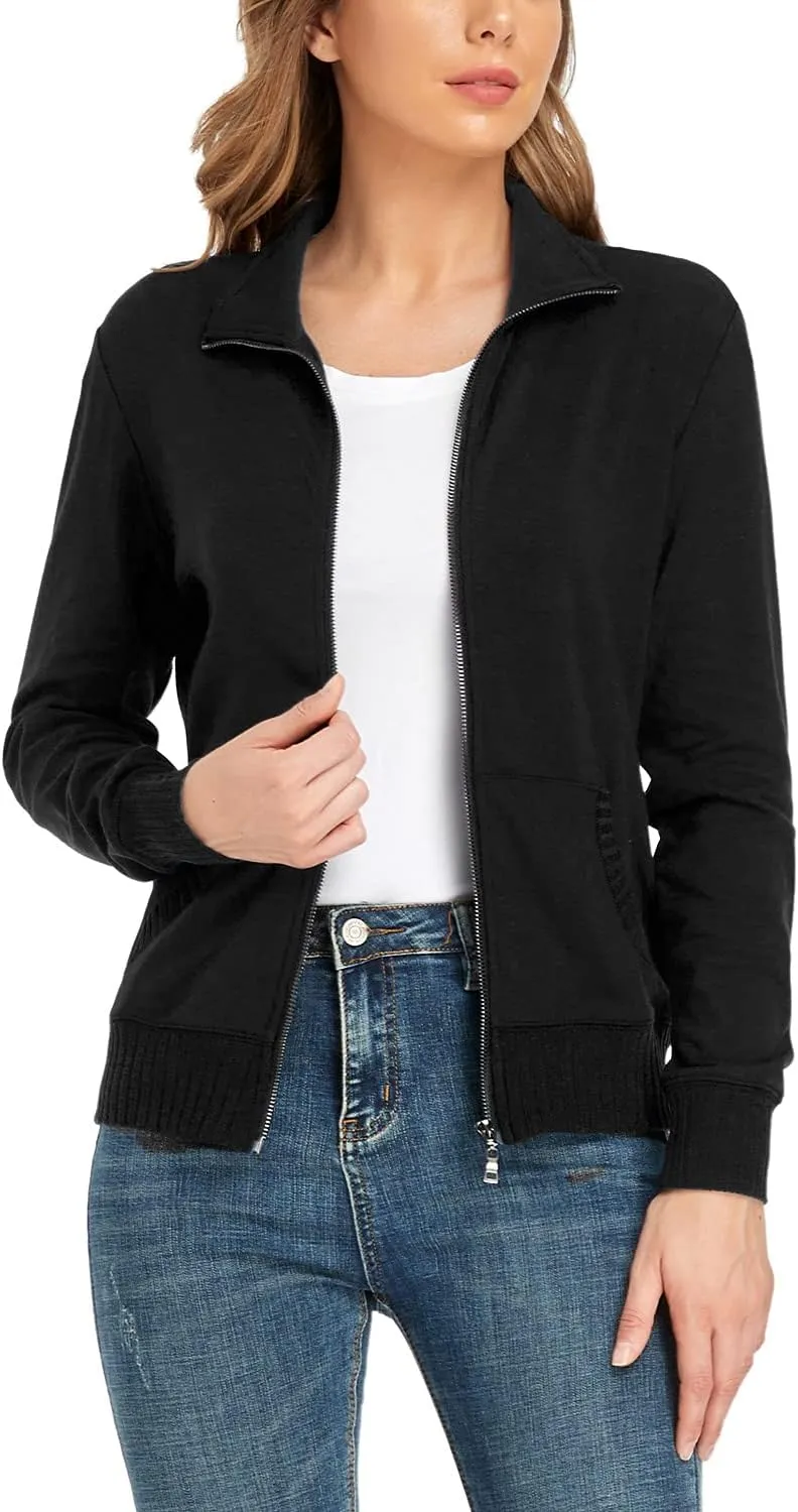 andy & natalie Women's Stand Collar Zip up Long Sleeve Jacket with Pockets Running Sweatshirts Jackets