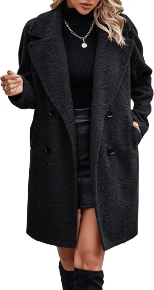 Angashion Women Long Sherpa Coat - Fuzzy Faux Fur Trench Jackets Winter Fleece Button Cardigan with Pockets