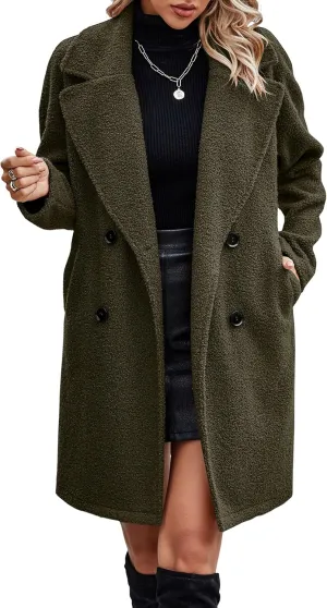 Angashion Women Long Sherpa Coat - Fuzzy Faux Fur Trench Jackets Winter Fleece Button Cardigan with Pockets