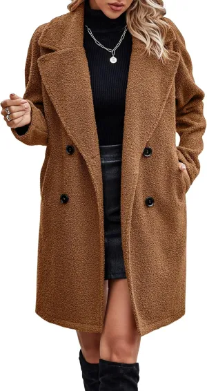 Angashion Women Long Sherpa Coat - Fuzzy Faux Fur Trench Jackets Winter Fleece Button Cardigan with Pockets
