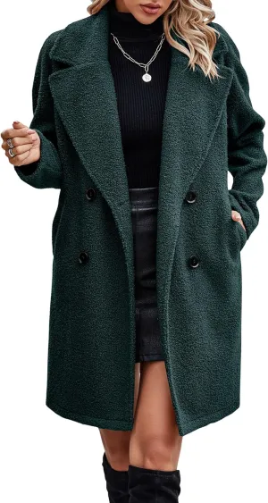 Angashion Women Long Sherpa Coat - Fuzzy Faux Fur Trench Jackets Winter Fleece Button Cardigan with Pockets