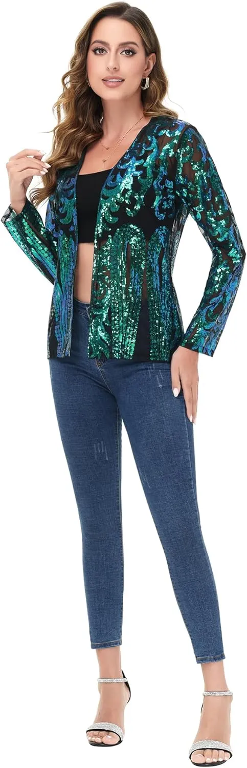 Anna-Kaci Women's Sparkly Sequin Cardigan Long Sleeve Open Front Glitter Party Evening Jacket