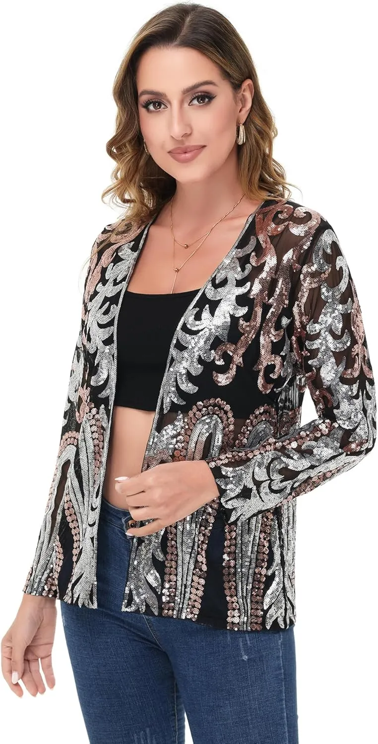 Anna-Kaci Women's Sparkly Sequin Cardigan Long Sleeve Open Front Glitter Party Evening Jacket